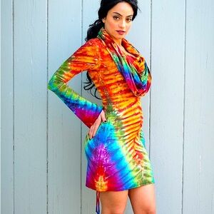 Tie Dye Rainbow Long Sleeve Hooded Dress - Warrior Within Designs